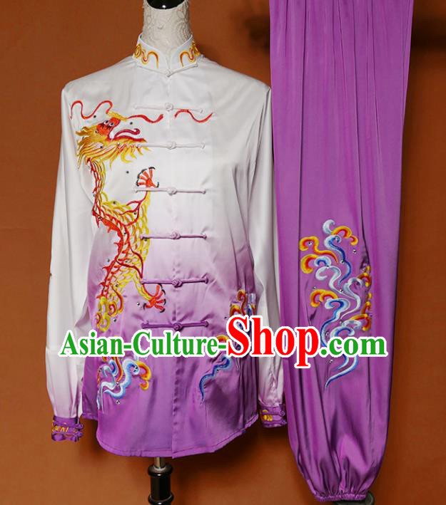 Top Grade Kung Fu Costume Martial Arts Training Tai Ji Embroidered Dragon Purple Uniform for Adults