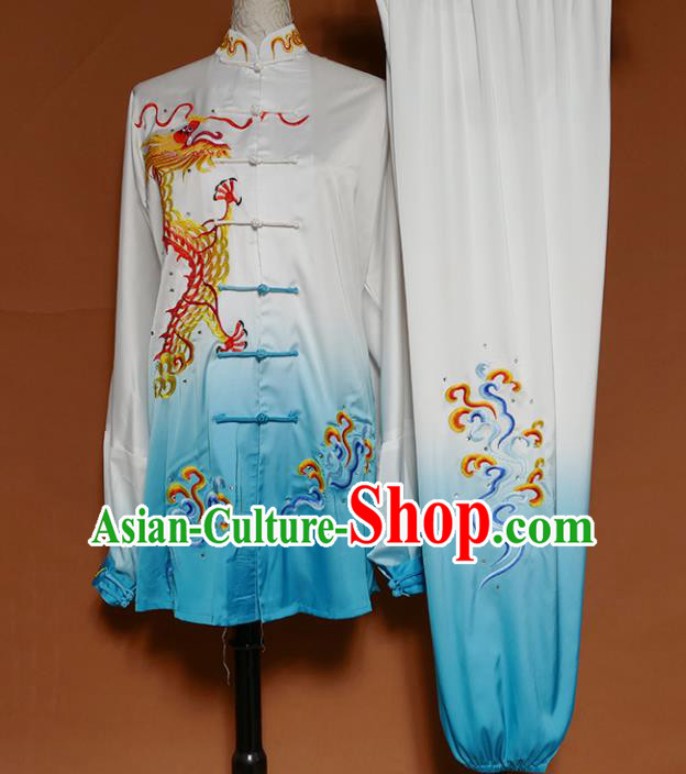 Top Grade Kung Fu Costume Martial Arts Training Tai Ji Embroidered Dragon Blue Uniform for Adults