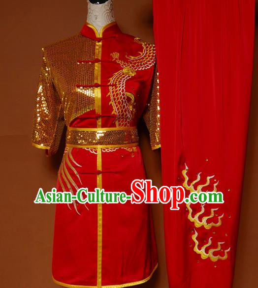 Top Kung Fu Group Competition Costume Martial Arts Training Embroidered Red Uniform for Men