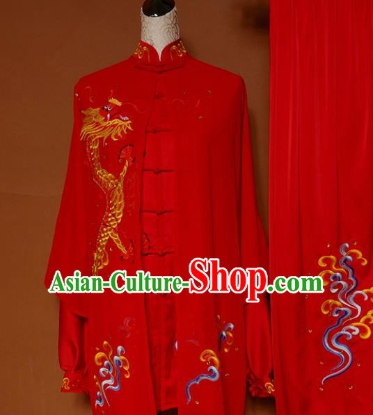 Top Grade Kung Fu Costume Martial Arts Training Tai Ji Embroidered Dragon Red Uniform for Adults