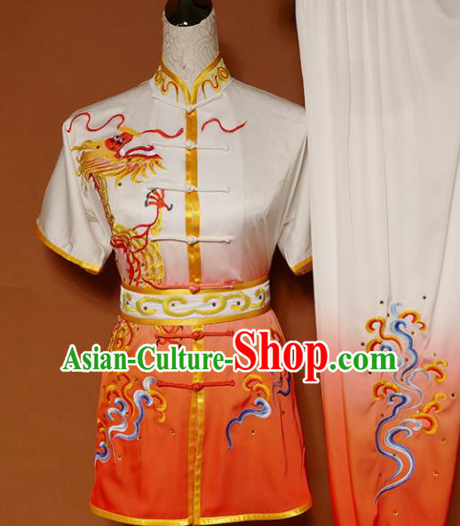 Top Kung Fu Group Competition Costume Martial Arts Wushu Training Embroidered Dragon Orange Uniform for Men