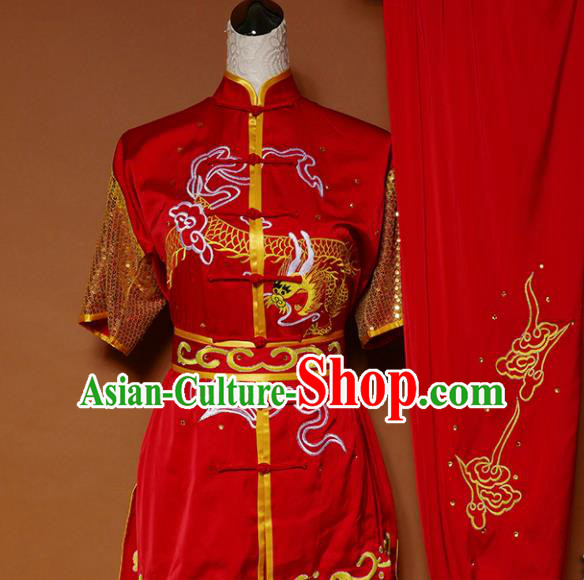 Top Kung Fu Group Competition Costume Martial Arts Wushu Training Embroidered Dragon Red Uniform for Men