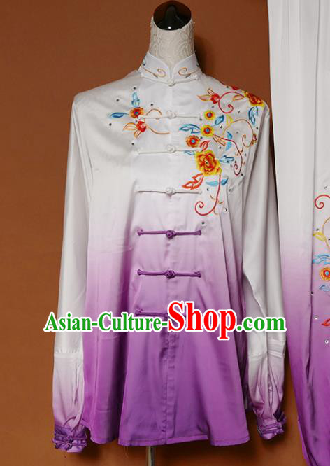 Top Group Kung Fu Costume Tai Ji Training Embroidered Flowers Purple Uniform Clothing for Women