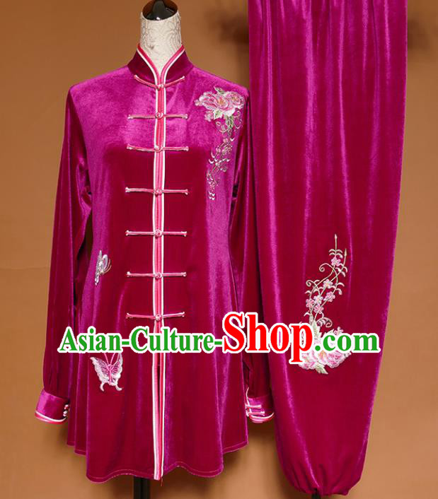 Top Group Kung Fu Costume Martial Arts Gongfu Training Uniform Tai Ji Rosy Velvet Clothing for Women