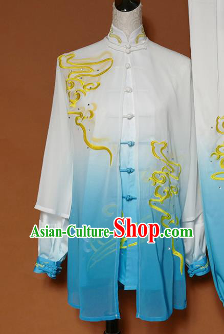 Top Grade Kung Fu Costume Martial Arts Training Tai Ji Embroidered Blue Uniform for Adults