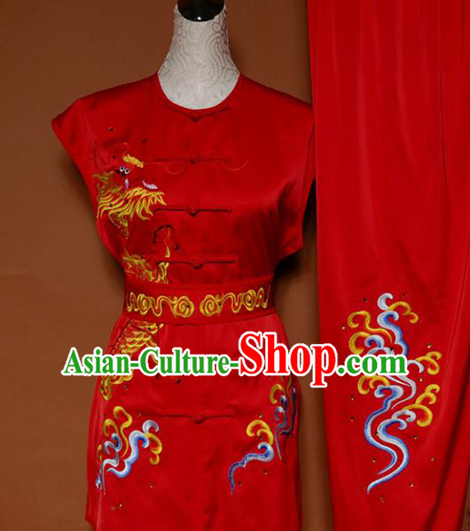 Top Kung Fu Group Competition Costume Martial Arts Wushu Training Embroidered Dragon Red Uniform for Men