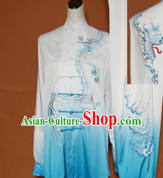 Top Grade Kung Fu Costume Martial Arts Training Tai Ji Embroidered Dragon Blue Uniform for Adults