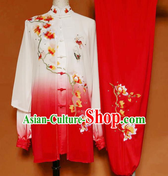 Top Grade Kung Fu Costume Martial Arts Training Tai Ji Embroidered Flowers Red Uniform for Adults