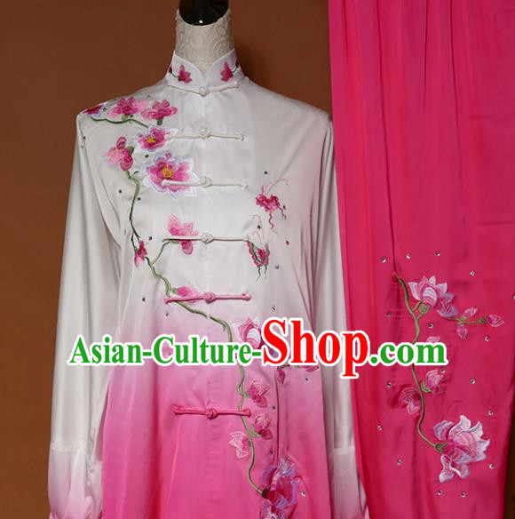 Top Grade Kung Fu Costume Martial Arts Training Tai Ji Embroidered Magnolia Pink Uniform for Adults