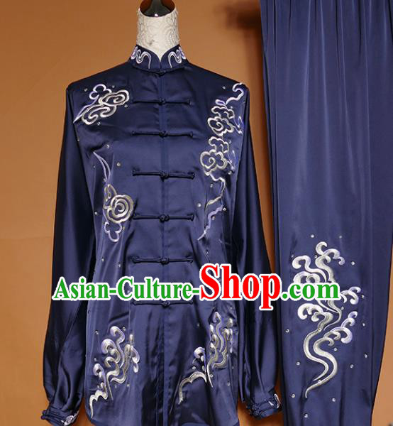 Top Group Kung Fu Costume Martial Arts Gongfu Training Uniform Tai Ji Embroidered Navy Clothing for Women