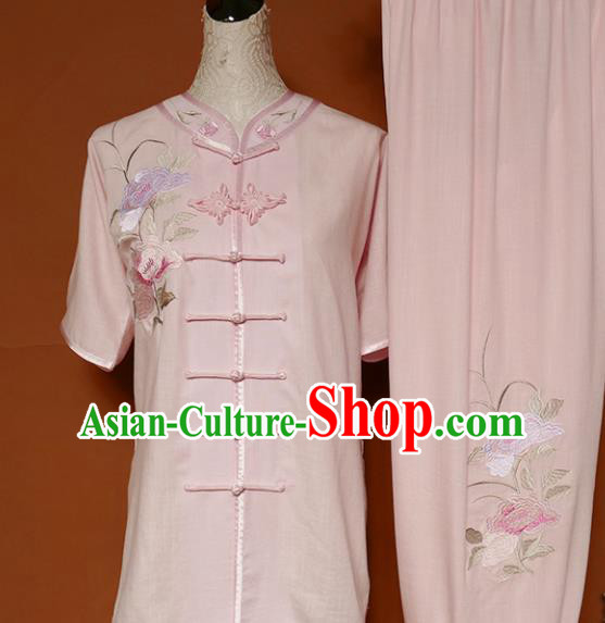 Top Group Kung Fu Costume Tai Ji Training Embroidered Peony Pink Uniform Clothing for Women