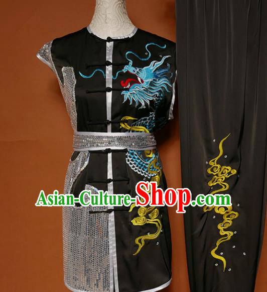 Top Kung Fu Group Competition Costume Martial Arts Wushu Embroidered Dragon Black Uniform for Men