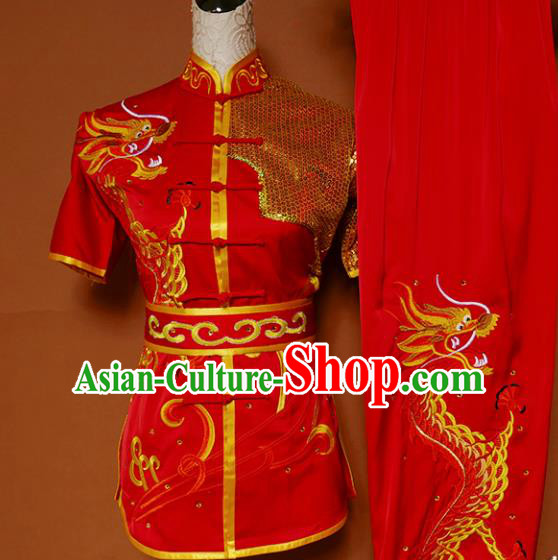 Top Kung Fu Group Competition Costume Martial Arts Wushu Embroidered Dragon Red Uniform for Men