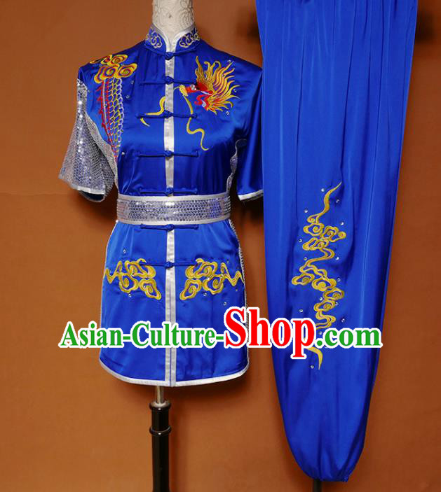 Top Kung Fu Competition Costume Group Martial Arts Training Embroidered Dragon Royalblue Uniform for Men