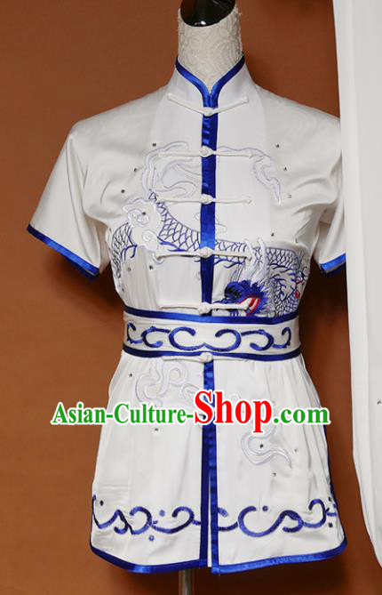 Top Kung Fu Group Competition Costume Martial Arts Wushu Embroidered Dragon White Uniform for Men