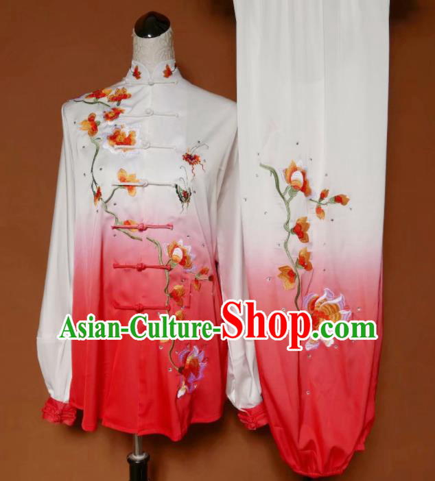 Top Group Kung Fu Costume Tai Ji Training Embroidered Magnolia Red Uniform Clothing for Women