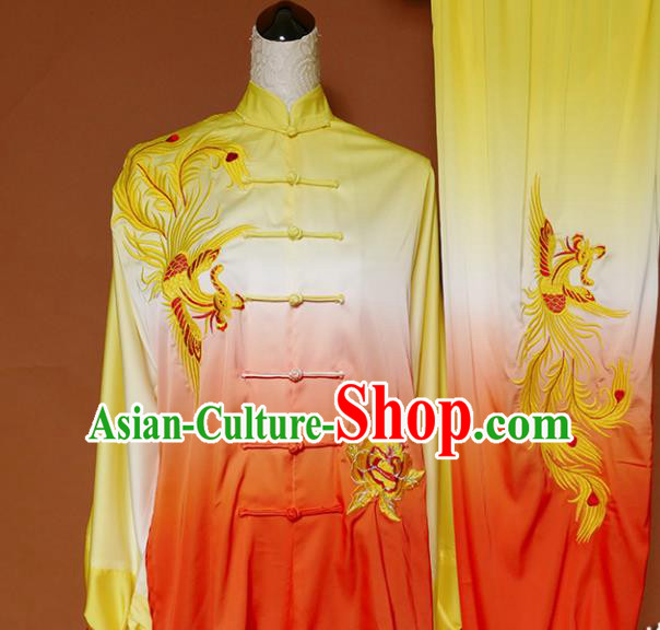 Top Group Kung Fu Costume Tai Ji Training Embroidered Phoenix Orange Uniform Clothing for Women