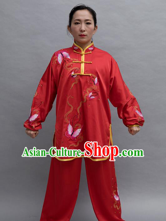 Top Group Kung Fu Costume Tai Ji Training Embroidered Butterfly Red Uniform Clothing for Women