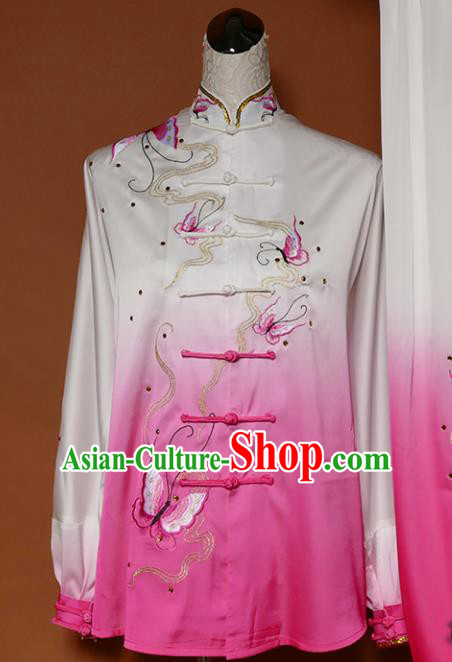 Top Group Kung Fu Costume Tai Ji Training Embroidered Butterfly Pink Uniform Clothing for Women