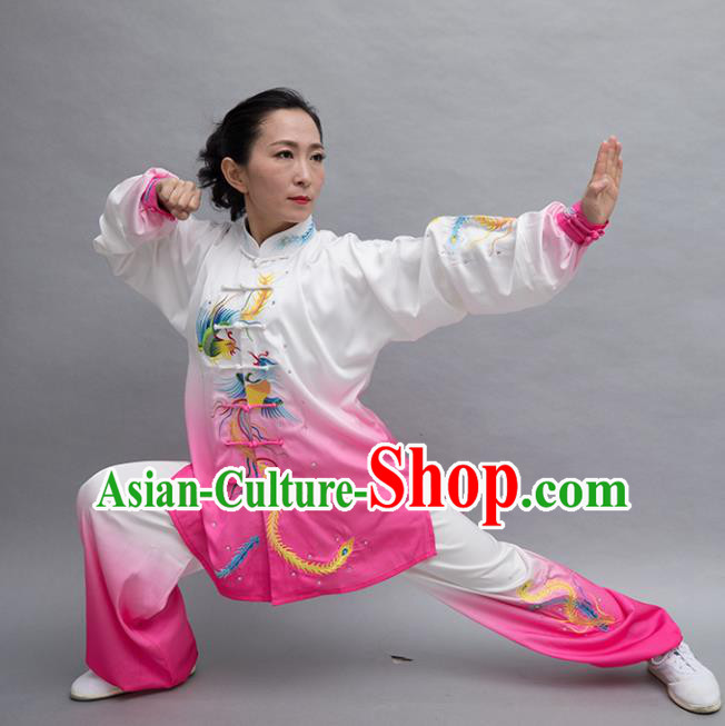 Top Tai Ji Training Embroidered Phoenix Rosy Uniform Kung Fu Group Competition Costume for Women