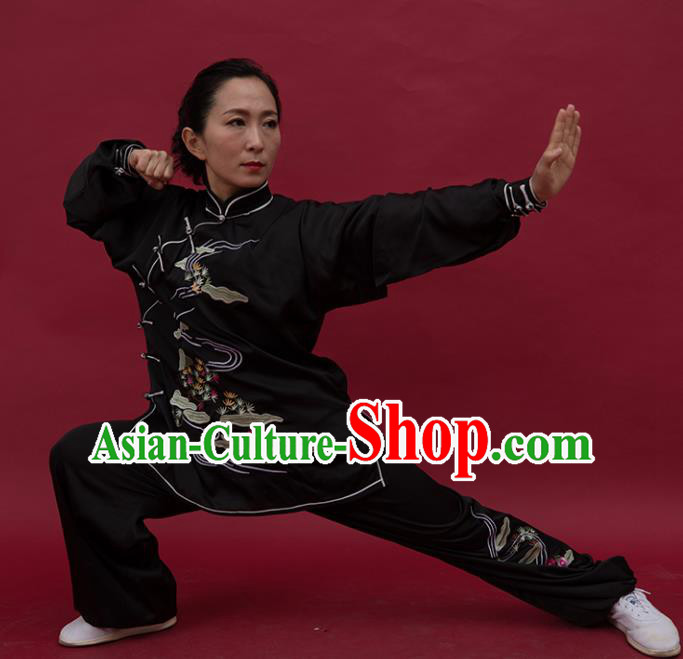 Top Tai Ji Training Embroidered Black Uniform Kung Fu Group Competition Costume for Women