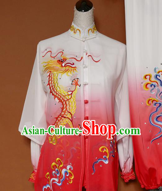 Top Grade Kung Fu Costume Martial Arts Training Tai Ji Embroidered Dragon Rosy Uniform for Adults