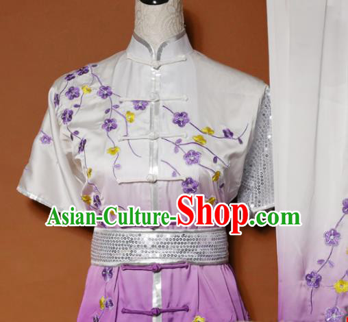 Top Tai Ji Training Embroidered Plum Blossom Purple Uniform Kung Fu Group Competition Costume for Women