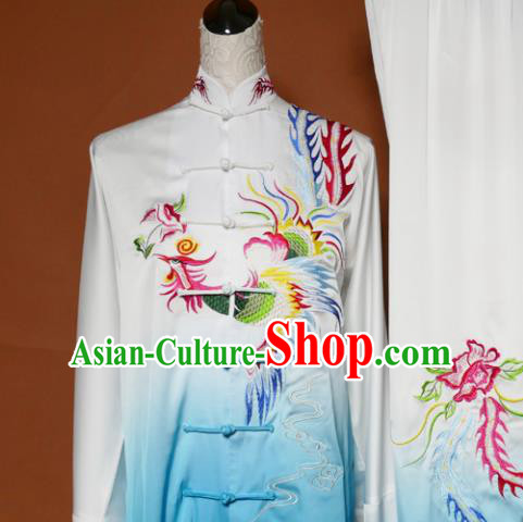 Top Tai Ji Training Embroidered Phoenix Blue Uniform Kung Fu Group Competition Costume for Women