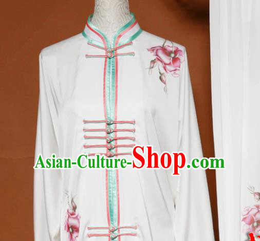 Top Tai Ji Training Printing Peony White Uniform Kung Fu Group Competition Costume for Women