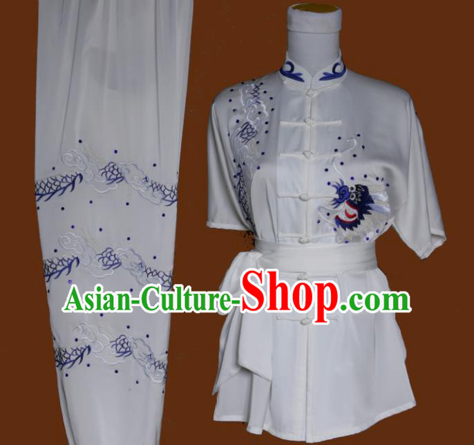 Top Grade Kung Fu Embroidered Dragon White Costume Chinese Tai Chi Martial Arts Training Uniform for Adults