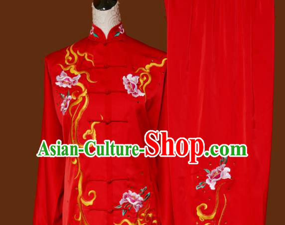 Top Tai Ji Training Embroidered Peony Red Uniform Kung Fu Group Competition Costume for Women