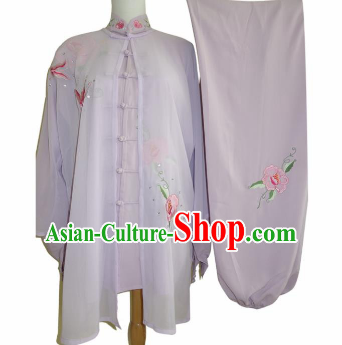 Chinese Traditional Tai Chi Embroidered Peony White Uniform Kung Fu Group Competition Costume for Women