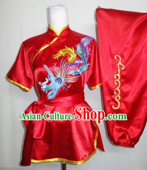 Chinese Traditional Tai Chi Embroidered Phoenix Red Uniform Kung Fu Group Competition Costume for Women