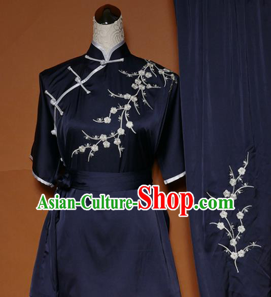 Chinese Traditional Tai Chi Embroidered Plum Blossom Navy Uniform Kung Fu Group Competition Costume for Women