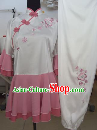 Chinese Traditional Tai Chi Embroidered Pink Uniform Kung Fu Group Competition Costume for Women