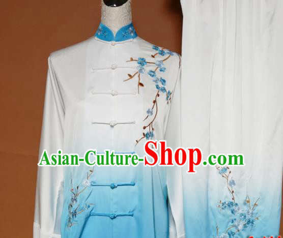 Top Tai Ji Training Embroidered Plum Blossom Blue Uniform Kung Fu Group Competition Costume for Women