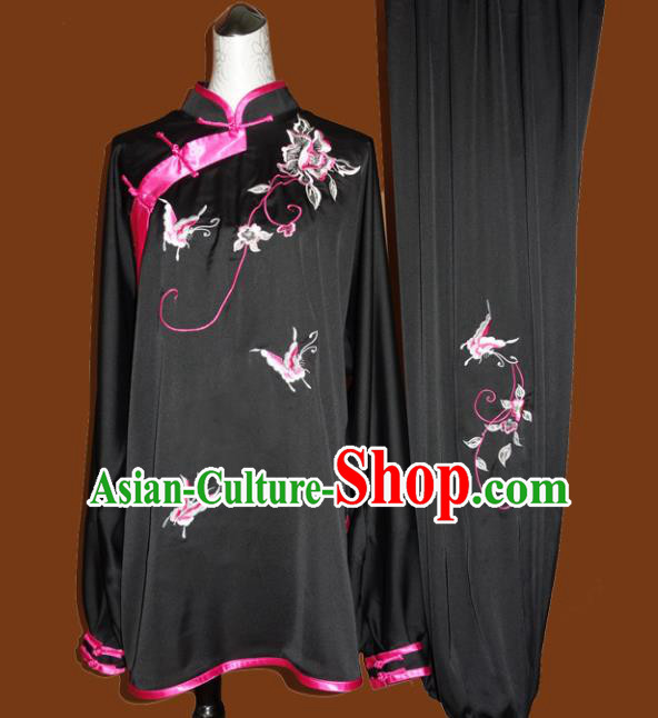 Chinese Traditional Tai Chi Embroidered Butterfly Black Uniform Kung Fu Group Competition Costume for Women