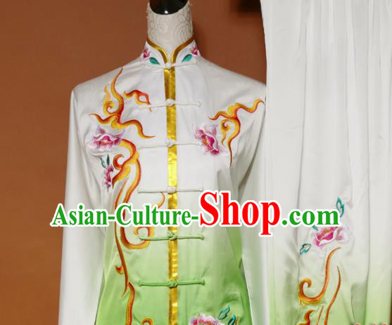 Top Tai Ji Training Embroidered Peony Green Uniform Kung Fu Group Competition Costume for Women