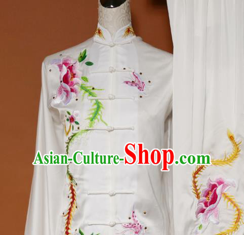 Top Tai Ji Training Embroidered Phoenix Peony White Uniform Kung Fu Group Competition Costume for Women