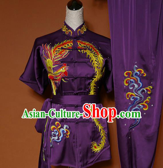 Top Group Kung Fu Costume Tai Ji Training Embroidered Phoenix Purple Uniform Clothing for Women