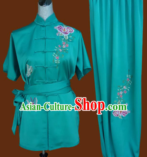 Chinese Traditional Tai Chi Embroidered Roses Uniform Kung Fu Group Competition Costume for Women