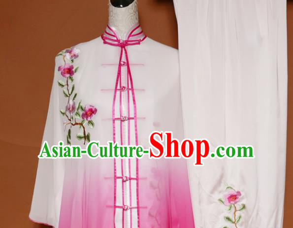 Top Tai Ji Training Embroidered Rosy Silk Uniform Kung Fu Group Competition Costume for Women