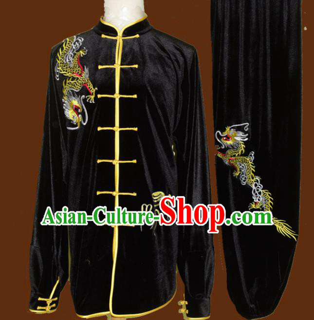 Top Grade Kung Fu Embroidered Dragon Black Velvet Costume Chinese Tai Chi Martial Arts Training Uniform for Adults