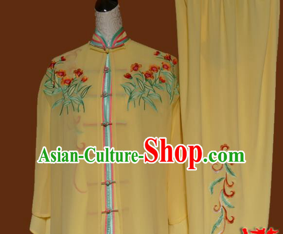 Top Tai Ji Training Embroidered Yellow Silk Uniform Kung Fu Group Competition Costume for Women