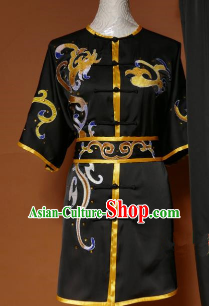 Top Kung Fu Group Competition Costume Martial Arts Wushu Embroidered Black Uniform for Men