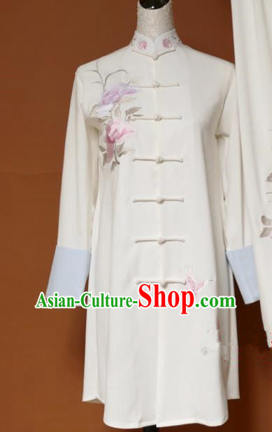 Chinese Traditional Tai Chi Training Embroidered Butterfly Peony White Uniform Kung Fu Group Competition Costume for Women