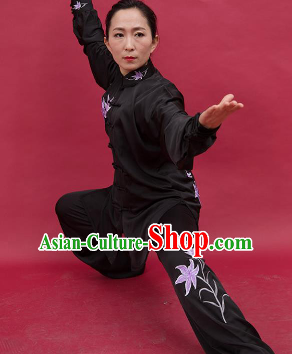 Top Group Kung Fu Costume Tai Ji Training Embroidered Orchid Black Uniform Clothing for Women