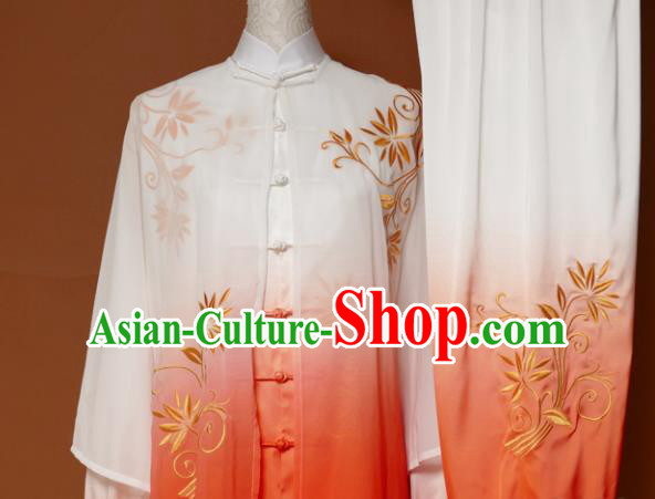 Chinese Traditional Tai Chi Training Embroidered Orange Uniform Kung Fu Group Competition Costume for Women