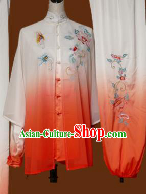 Chinese Traditional Tai Chi Training Embroidered Peony Orange Uniform Kung Fu Group Competition Costume for Women