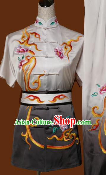 Chinese Traditional Tai Chi Training Embroidered Peony Grey Uniform Kung Fu Group Competition Costume for Women